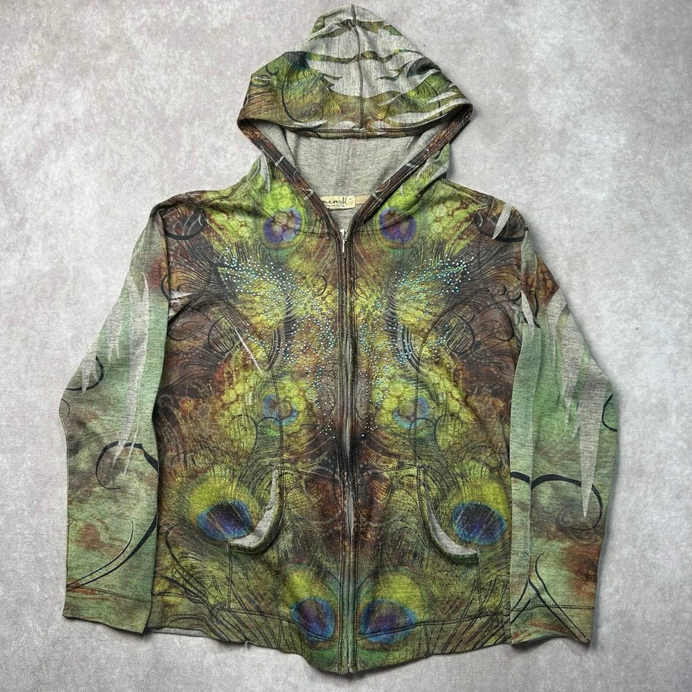 One World Womens Peacock Feather Rhinestone Zip Up Hoodie Green Large Y2K boho